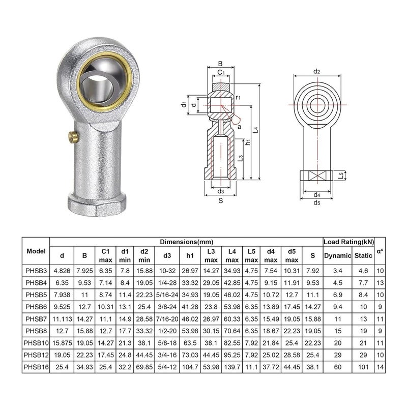 POSB4 45mm محمل نهاية قضيب بفتحة ملولبة يمينية مع صامولة تثبيت 35mm إلى 79mm ذكر وأنثى - Image 4